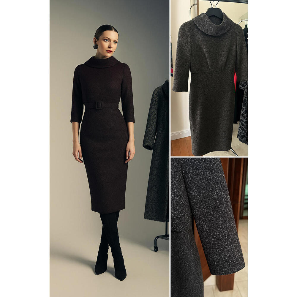 Badgley Mischka Mock Neck Belted Midi Sheath Dress $430 Long Sleeve sz 0 Tweed
